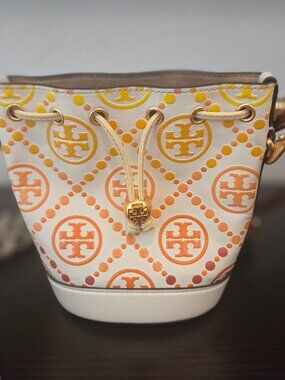 Tory Burch Miller Mini Bucket Bag White Orange Leather Crossbody Shoulder Purse